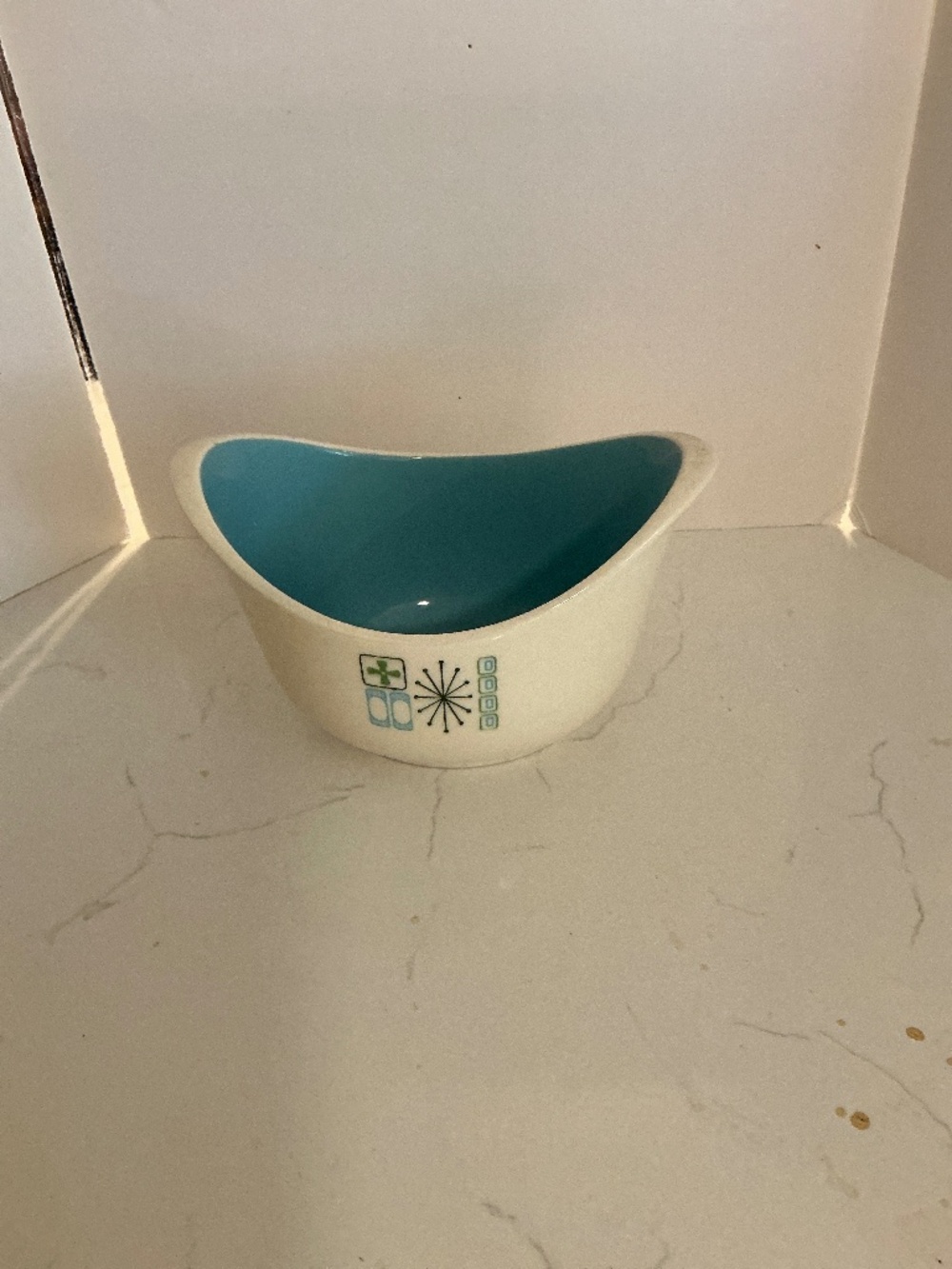 Vintage Mid-Century Modern Atomic Starburst Ceramic Planter Bowl Aqua MCM 7.5”